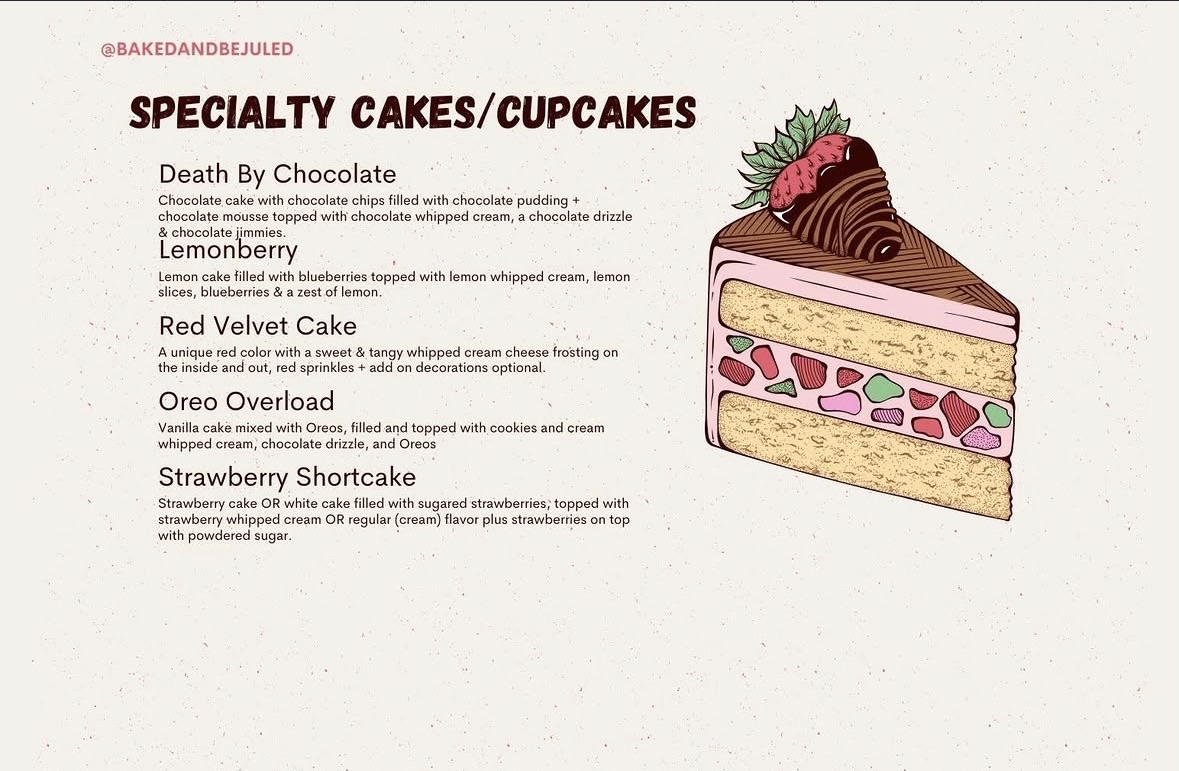 Specialty cakes and cupcakes menu — Death by Chocolate, Lemonberry, Red Velvet, Oreo Overload, Strawberry Shortcake